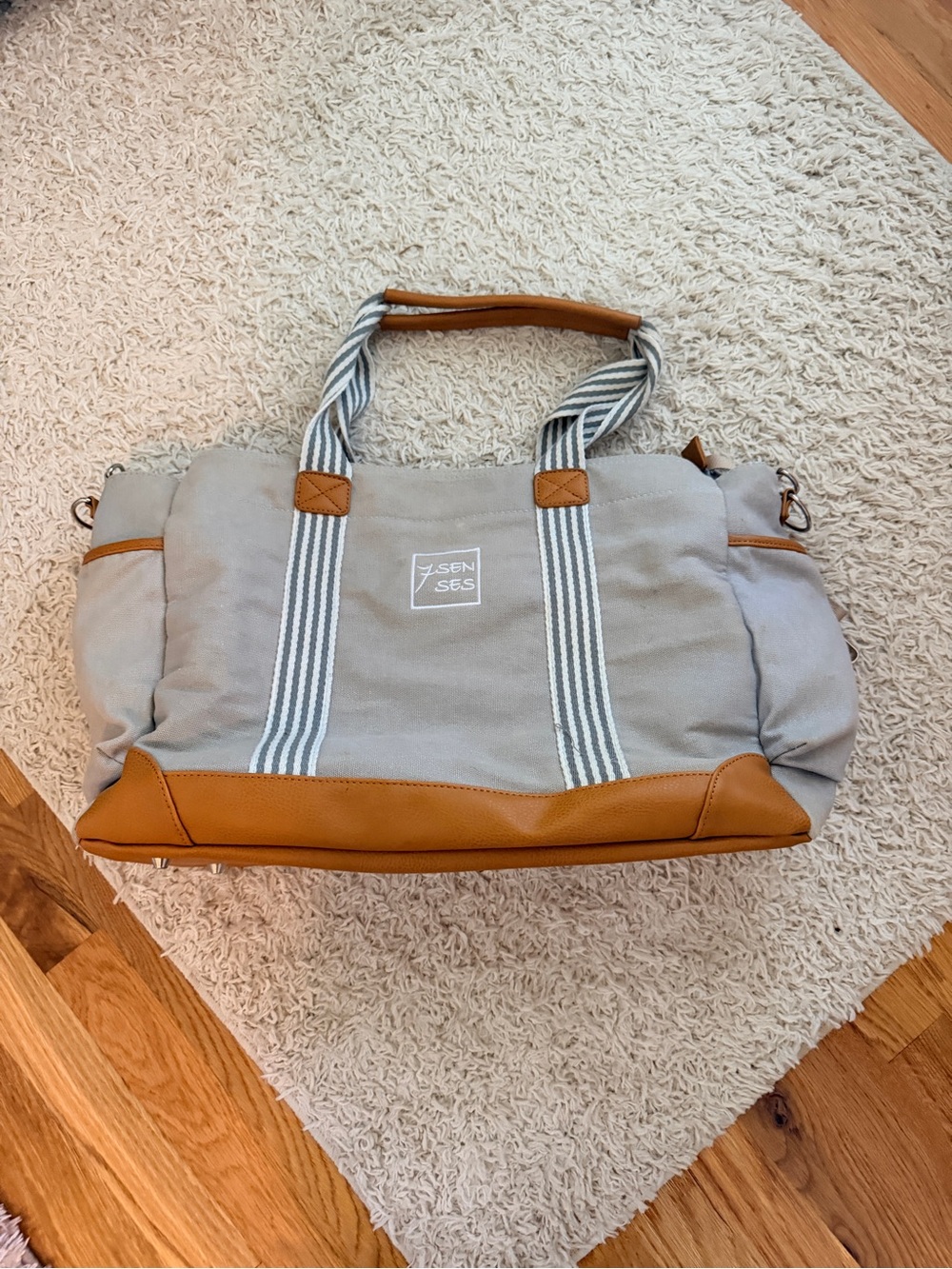 7 Senses Grey Canvas & Tan Diaper Bag Tote with Striped Handles
